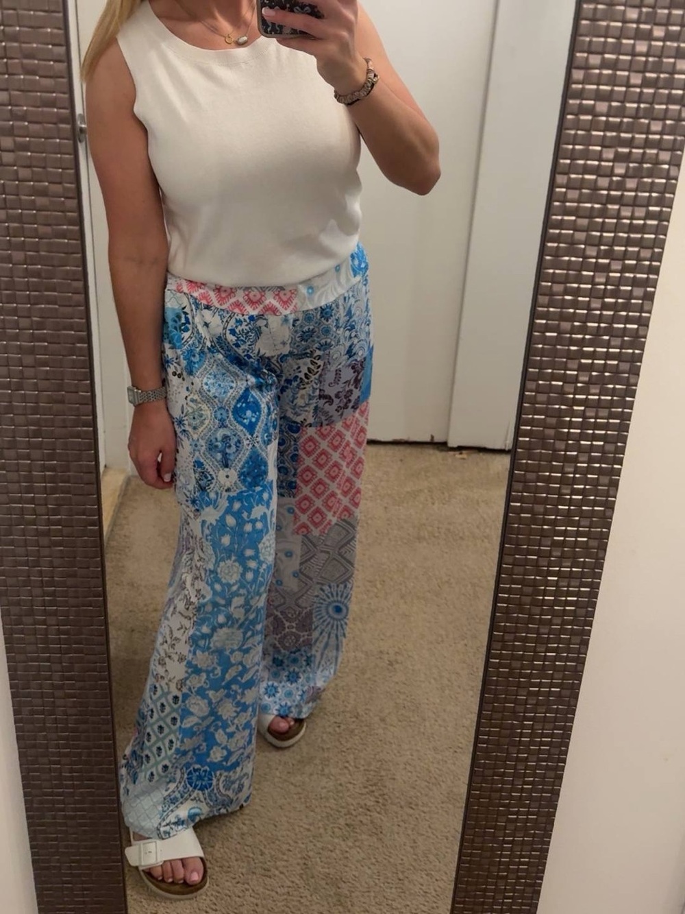 Woven Patchwork Wide-Leg Pants in Blue & Pink